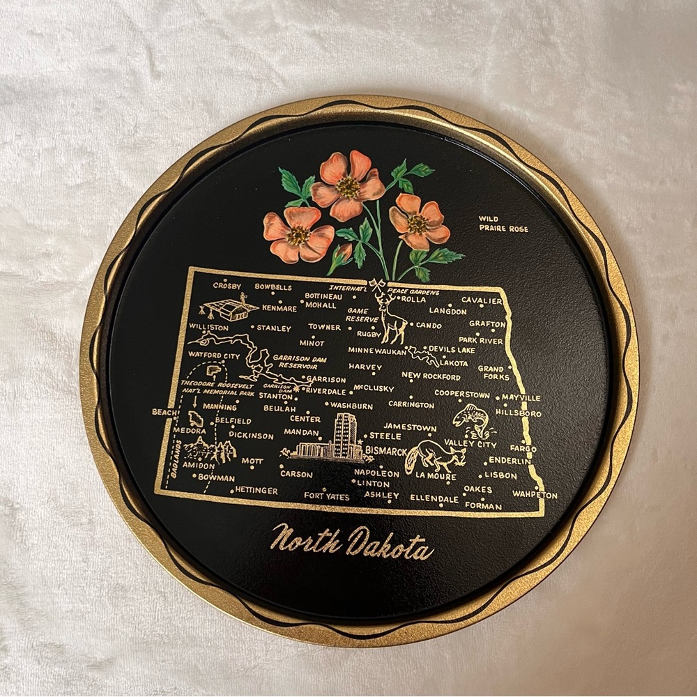 Vintage collectible state USA tin plate tray North Dakota
